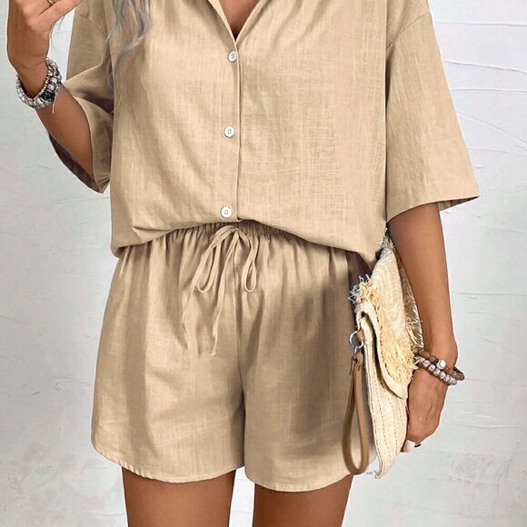 Khaki Casual Women's Solid Button Front Shirt & Drawstring Waist Shorts - Picture 5 of 7